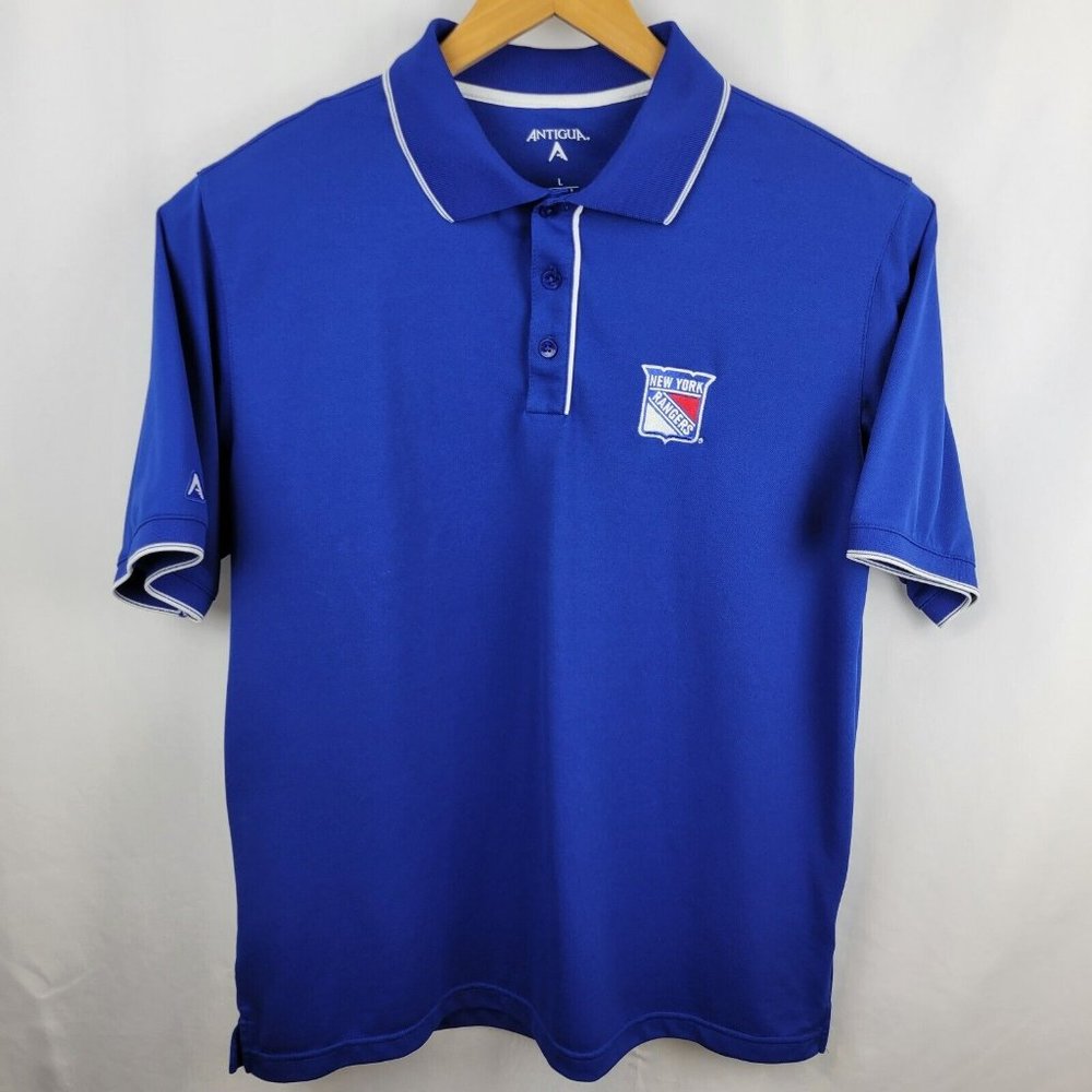 NHL New York Rangers Polo Shirt Hockey Blue Large LG L NYR Antigua Short Sleeve
